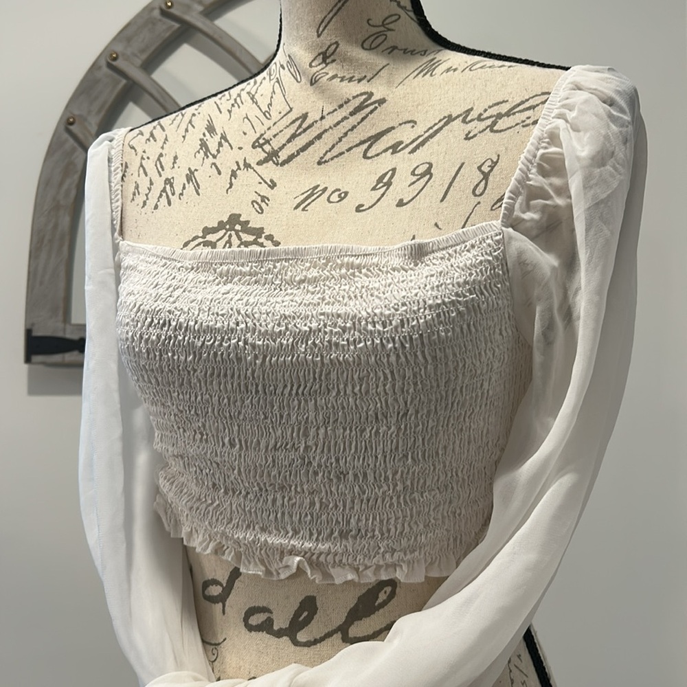 Sheer Long Sleeve Crop Top White Smocked Body And Bottom of Sleeves Size Large - Picture 3 of 10